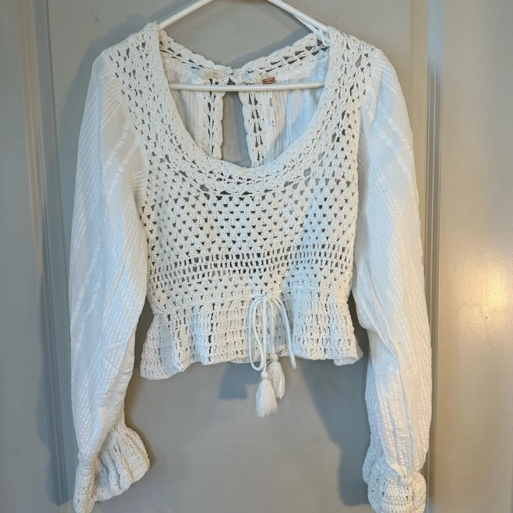 Free People White Megan Crochet Sheer Long Sleeve Boho Festival Crop Top, Small